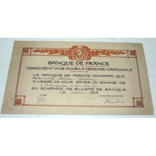 Banque De France, Versement D'or Pour La Défense Nationale 1915