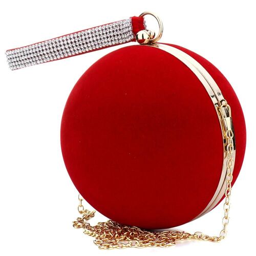 Unique Velvet Iron-On Lady Handbag Red Shoulder Clutch Bag Spherical Evening Bags, Rouge