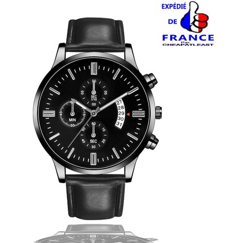Chic & Élégante Montre Dateur Classique Style Chrono Luxe Pour Homme - Date - Grand Boitier Métal Noir / Gun / Chromé / Or 42 Mm - Bracelet Simili Cuir Noir / Marron