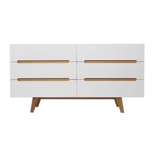 Commode scandinave blanc brillant et frêne 6 tiroirs MELKA