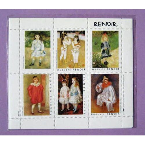 Planche De 6 Timbres Toiles De Renoir - Etiquettes - Le Pierrot Blanc - Fillette Avec Un Arrosoir - Le Clown - L'enfant Au Fouet Etc