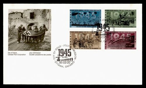 Enveloppe Premier Jour D'emission 1995 Canada La Seconde Guerre Mondiale 1944 " La Paix" Avec Série De Timbres La Traversée Du Rhin Liberation Des Civils Délivrance Des Prisonniers Le Retour Au Pays -