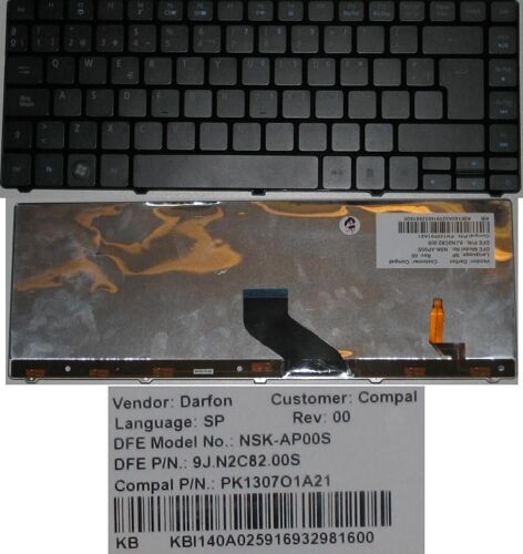 Clavier Qwerty Espagnol / Spanish Pour ACER ASPIRE AS3810T AS4810T 3810 3810T 4810 4810T 4410T Series, Noir / Black, BACKLIT, Model: NSK-AP00S, P/N: 9J.N1P82.00S, PK1307O1A21