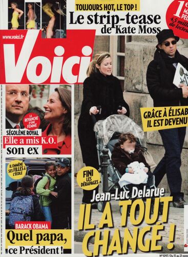 Voici / 15-11-2008  N° 1097 : Jean Luc Delarue (2p) - Valérie Lemercier (1p) - Kate Moss (2p) - Guy Ritchie (2p) - Michelle Obama (2p) - Grace Jones (2p) - Stéphane Guillon (2p)