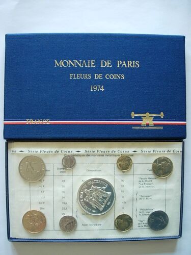 1974 Coffret Avec 1 Centime Rare Epi Rebord !!! Série Fleur De Coin 1974 Complet Pièces Neuves Bu Brillant Universel Avec 50 Francs Hercule Argent.