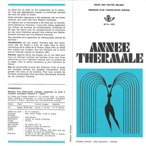 Belgique 1973 - Notice Philatélique N°14 - Année Thermale