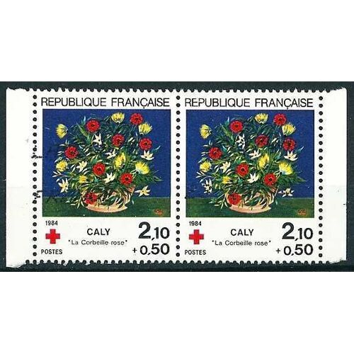 France 1984, Belle Paire Croix Rouge Yvert 2345, "La Corbeille Rose", De Caly, Provenant De Carnet, Oblitérée, Tbe -