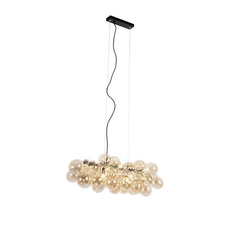 Qazqa Art Deco /Design Lampe À Salle A Manger Suspension / Lustre / Luminaire / Lumiere / Éclairage Design Noir Avec Verre Ambre 8 Lampes - Uvas /Acier Noir Oblongue / Intérieur / Salon /...
