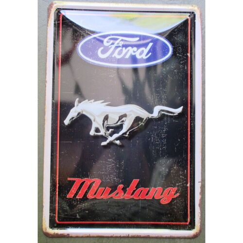Plaque Metal Ford Mustang Cheval Noir Vieillit 30x20 Cm Tole Deco
