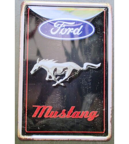 Plaque Metal Ford Mustang Cheval Noir Vieillit 30x20 Cm Tole Deco