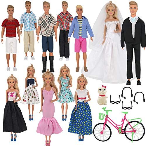 Ztweden 33pcs Doll Clothes And Accessories For For Ken Doll And Barbie Doll Includes 20 Wear Clothes Shirt Jeans Suit And Wedding Dresses Glasses Earphones Dog And Bike For 12 Boy Girl Doll