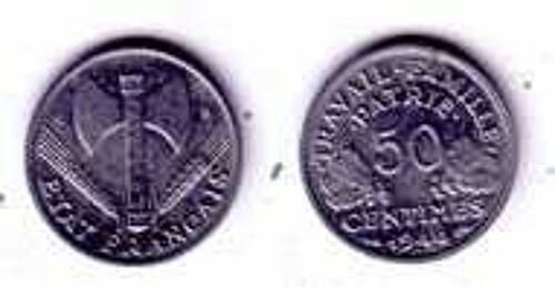 France = Pièce De 50 Centimes Bazor, Etat Français, En Alu Année 1944 Avec Lettre C, Etat Sup !! ( Rare).