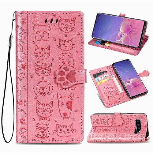 Samsung Galaxy S10 Coque, Saturcase Chien Et Chat Mignon Pu Cuir Magnétique Flip Portefeuille Support Porte-Carte Protecteur Coque Housse Étui Avec Dragonne Pour Samsung Galaxy S10 (Rose)