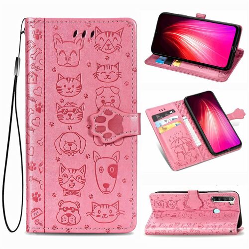 Xiaomi Redmi Note 8 Coque, Saturcase Chien Et Chat Mignon Pu Cuir Magnétique Flip Portefeuille Support Porte-Carte Protecteur Coque Housse Étui Avec Dragonne Pour Xiaomi Redmi Note 8 (Rose)