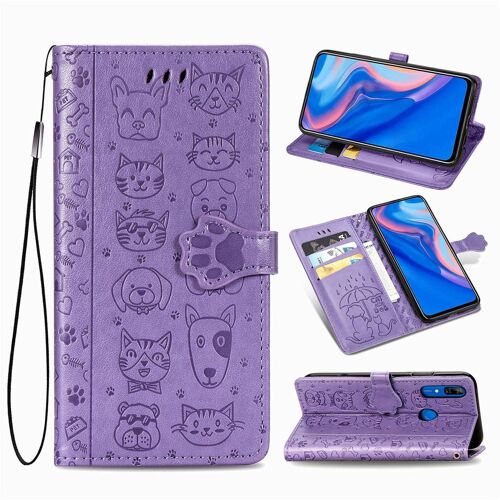 Huawei P Smart Z Coque, Saturcase Chien Et Chat Mignon Pu Cuir Magnétique Flip Portefeuille Support Porte-Carte Protecteur Coque Housse Étui Avec Dragonne Pour Huawei P Smart Z (Violet)