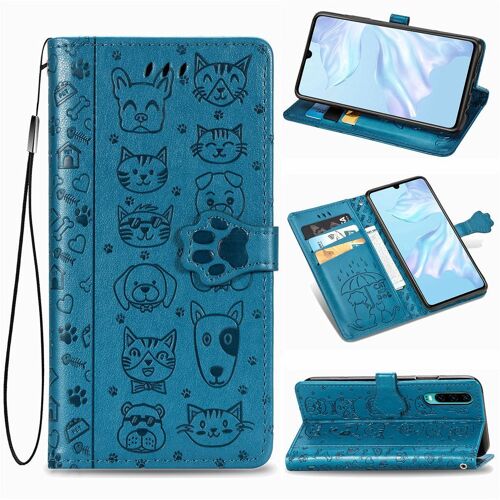 Huawei P30 Coque, Saturcase Chien Et Chat Mignon Pu Cuir Magnétique Flip Portefeuille Support Porte-Carte Protecteur Coque Housse Étui Avec Dragonne Pour Huawei P30 (Bleu)