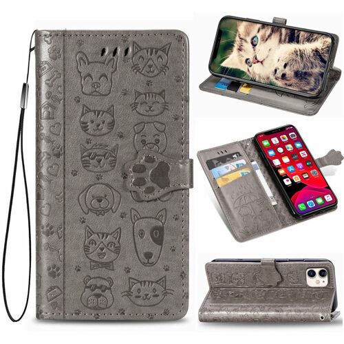 Apple Iphone 11 6.1" Coque, Saturcase Chien Et Chat Mignon Pu Cuir Magnétique Flip Portefeuille Support Porte-Carte Protecteur Coque Housse Étui Avec Dragonne Pour Apple Iphone 11 6.1" (Gris)
