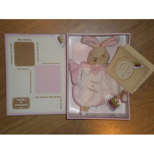 Doudou Lapin Rabbit Lièvre Bunny Plat Colerette Rose Blanc Tatoo 15 Cm