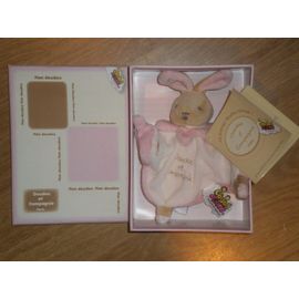 Doudou Lapin Rabbit Lièvre Bunny Plat Colerette Rose Blanc Tatoo 15 Cm