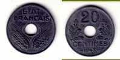 France = Pièce De 20 Centimes, Type État Français, Trouée,  En Zinc,  Année 1943.
