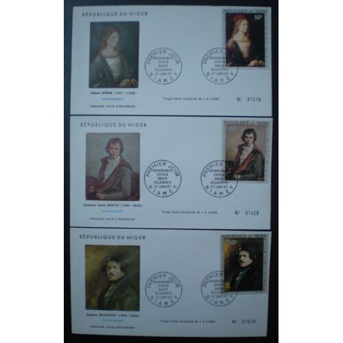 Lot De 3 Enveloppes Premier Jour D'émission - République Du Niger - Peinture - Tableaux - Autoportraits - Dûrer - David - Delacroix - 27 Janvier 1967