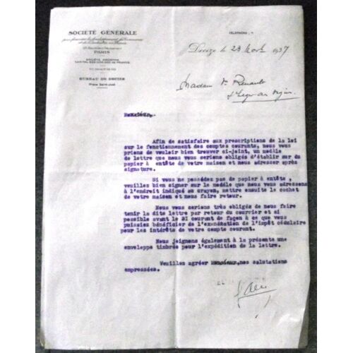 Lettre Du 23 Novembre 1937.Société Générale Bureau De Decize Place Saint Just
