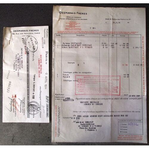 Facture Et Son Mandat À L'ordre De 1936.Desmarais Frères Pétroles,Essences Huiles Combustibles Et De Graissage 42,Rue Des Mathurins Paris(8é)
