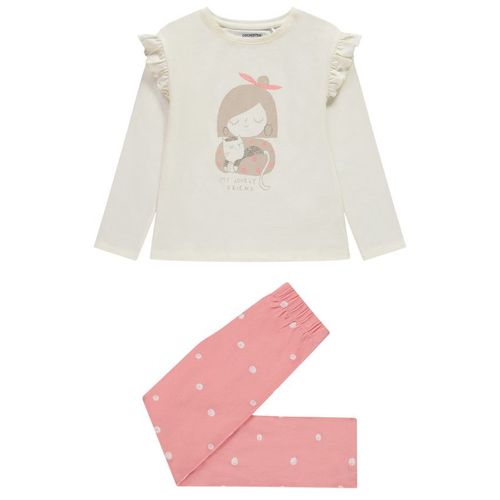 Pyjama 2 Pièces Avec T-Shirt À Volants + Bas Imprimé Pour Fille - Ecru