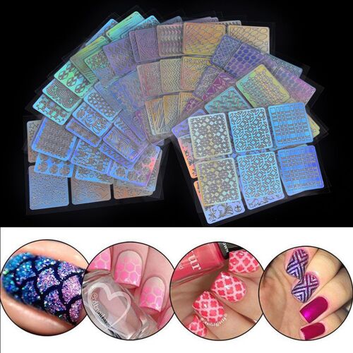 Xm 24 Feuilles/Ensemble Nail Art Creux Laser Autocollants Pochoir Gel Vernis Pointe 3d Transfert D'image Guide Modèle Manucure Pédicure Décalcomanies Kit 