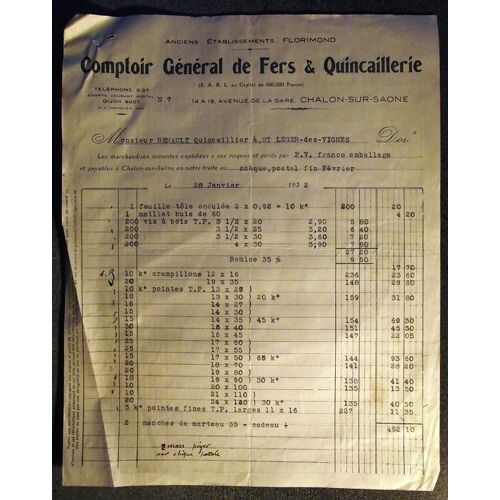 Facture De 1932.Anciens Établissements Florimond Comptoir Général De Fer & Quincaillerie 14 À 18,Avenue De La Gare,Chalon-Sur-Saone