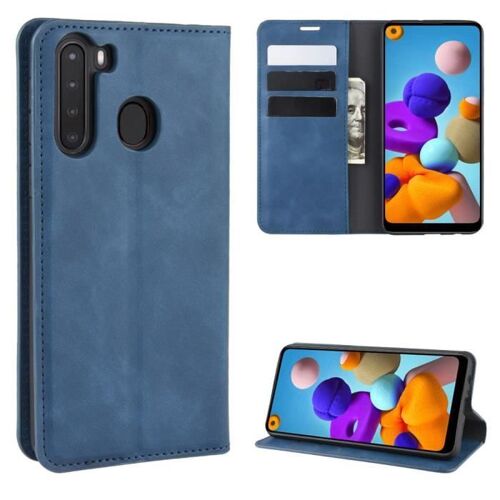 XM Pour Pour Samsung Galaxy A21 Housse de Protection Anti-chocs avec Support Magnetique Rabat Portefeuille Luxe PU Cuir -bleu