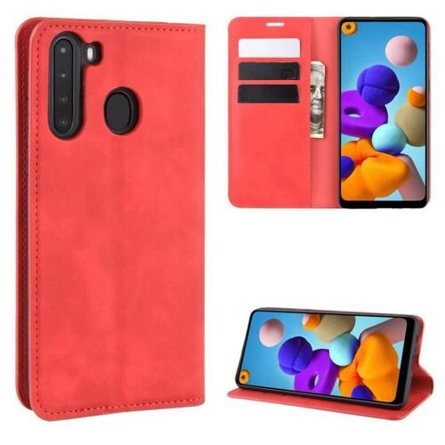XM Pour Pour Samsung Galaxy A21 Housse de Protection Anti-chocs avec Support Magnetique Rabat Portefeuille Luxe PU Cuir -rouge
