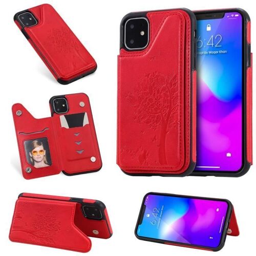 XM Pour Housse iPhone 11 Coque iPhone 11 Phone Étui Anti-chute Rétro Pochette avec Support Fentes pour Cartes -Rouge