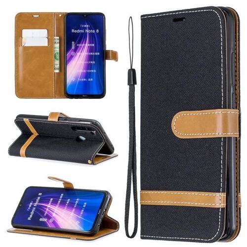 XM Pour Housse pour Xiaomi Redmi Note 8 Housse de Protection Portefeuille Antidérapant Simple Denim Style -Noir