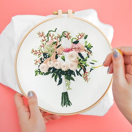 Xm Kit De Broderie Point De Croix Artisanat Bricolage Heureux Bouquet De Mariée 25x25cm Pour La Décoration De Couture Domestique