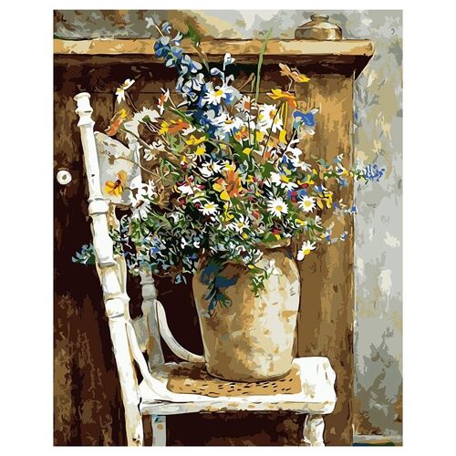 Xm Kit De Peinture Acrylique Bricolage Peinture Par Numéros Pour Enfants Et Adultes 40x45cm Pots De Fleurs Sauvages Chaise Avec 3 Pinceaux