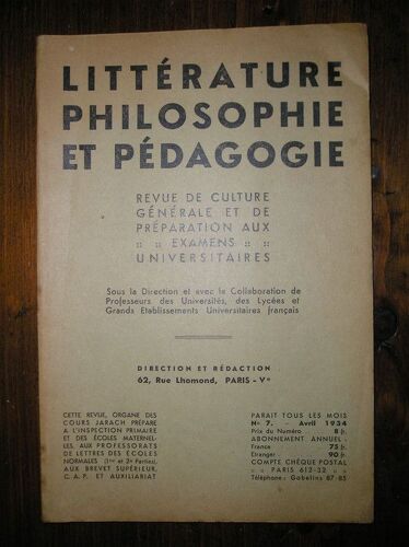 Littérature, Philosophie Et Pédagogie N°7 Avril 1934