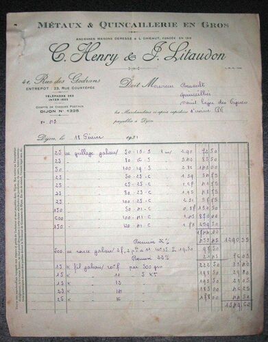 Facture De 1931.Métaux & Quincaillerie En Gros.C.Henry & J.Litaudon 41,Rue Des Godrans Dijon