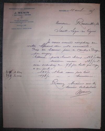 Lettre De 1925.Représentation Commerciale J.Menin 1,Rue Vauban Nevers
