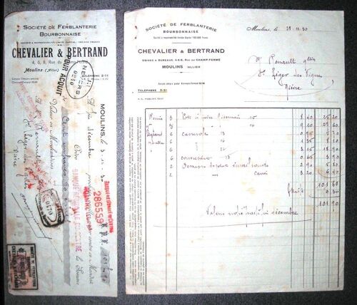 Facture Et Son Mandat À L'ordre Société De Ferblanterie Bourbonnaise Chevalier & Bertrand 4,6,8,Rue Du Champ-Fermé Moulins Allier