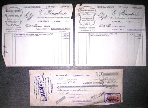 Facture Et Son Mandat À L'ordre De 1930.E.Humbert 4,Rue Des Récollets Et 2,Rue Des Ouches Nevers.Quincaillerie Fontes Métaux Ferronnerie Serrurerie  Fonderies Lacanche Rosières Courtot Nanquette