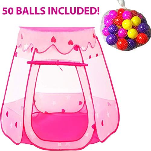 Playz Ball Pit Princess Castle Play Tents For Girls W/ Glow In The Dark Stars & 50 Balls - Pop Up Children Play Tent For Indoor & Outdoor Use Beautiful Playland Playhouse Tent W/ Zipper Storage Case