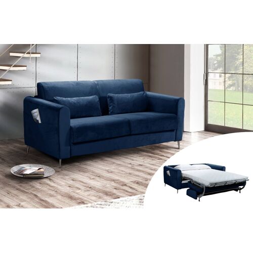 Owen - Canapé 3 places convertible - Ouverture express - Couchage quotidien - Velours Couleur - Bleu nuit