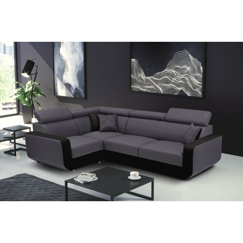 Dustin - Canapé d'angle L réversible - 5 places - Convertible avec coffre - Têtieres réglables Couleur - Noir / Gris