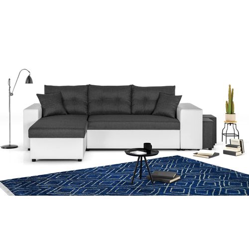 California - Canapé D'angle Réversible - Convertible Avec Coffre Et Étagère De Rangement - En Simili Et Tissu Couleur - Blanc / Gris