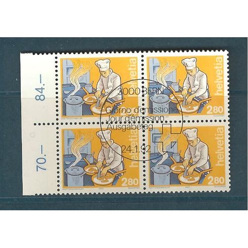 Suisse 1992 N° 1391 Métiers Cuisinier Bloc De 4 Oblitération 1ér Jour