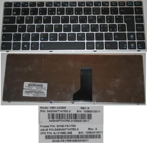 Clavier Qwerty Italien / Italian Pour ASUS UL30 Series, Silver frame, Noir / Black, Model: NSK-UC30E, P/N: 9JN1M82.30E, 04GNWT1KIT00-3, 0KN0-FS1IT03