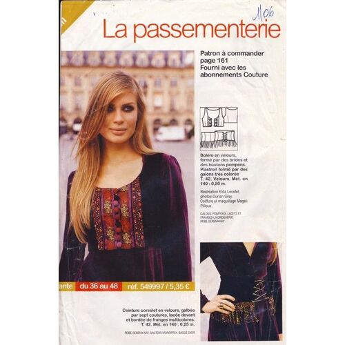 Patron Couture Modes Et Travaux  N° 549997 : Boléro En Velours Et Ceinture Corselet Tailles 36, 38, 40, 42, 44, 46, 48