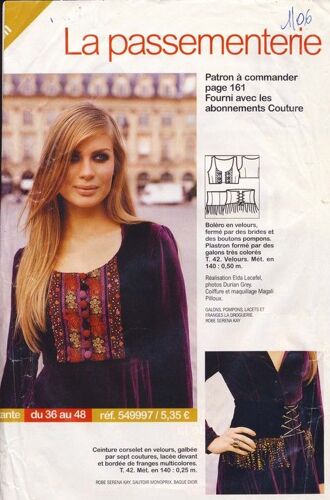 Patron Couture Modes Et Travaux  N° 549997 : Boléro En Velours Et Ceinture Corselet Tailles 36, 38, 40, 42, 44, 46, 48