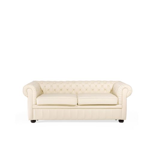 Canapé 3 Places En Cuir Beige Crème Chesterfield